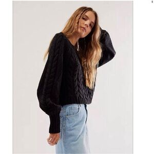 Free People Sandre Pullover Chunky Cable Sweater XL Black Fisherman Boho Slouchy